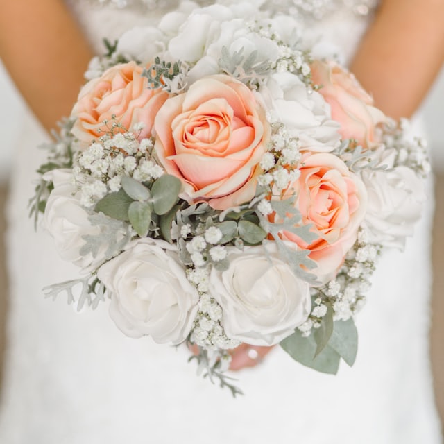 Soft peach and ivory rose bridal bouquet